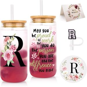 Floral R Initial Glass Tumbler with Straw - pink